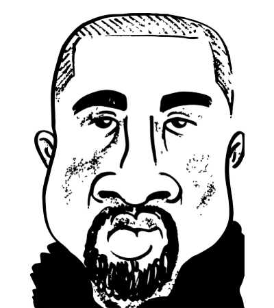 Celebrity caricature of rapper and producer Kanye West by Houston-based caricature artist Steven Simon